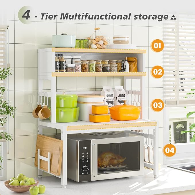 EnHomee 4-Tier Microwave Stand for Kitchen Storage, White | 205 lb Capacity, Adjustable Kitchen Shelves with 9 Hooks & Cutting Board Rack