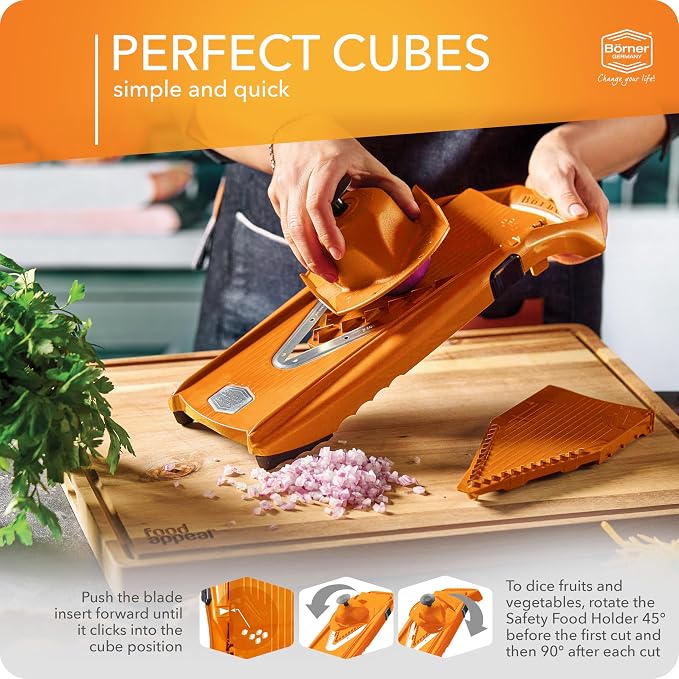 Börner Mandoline Slicer V5 (Starter Set) • Vegetable V-Slicer for Slices, Sticks & Dices in Various Sizes • With Stainless Steel V-Blade • Adjustable Kitchen Slicer • Color: Orange