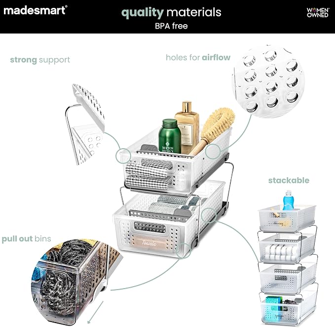 madesmart 2 Tier Organizer, Under Cabinet Storage with Pull Out Sliding Drawers, for Cleaning Supplies, Pantry, Undersink, Sponges, Bottles & Bath, Adjustable Dividers & Pull Out Baskets, Frost