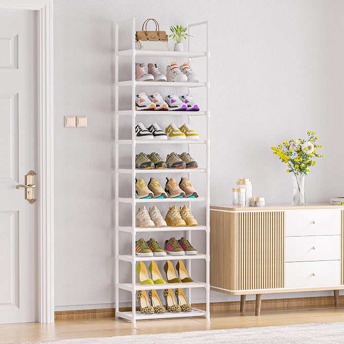 OYREL Shoe Rack, Sturdy Metal Space Saving Stackable Shoes Organizer | Closet, Entryway, Garage, Door Entrance, 10-Tier Narrow Shoe Shelf, Free Standing Shoes Holder, White