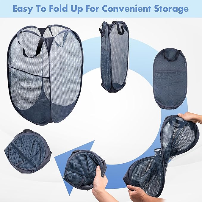 DUCOO Pop Up Laundry Hamper, 70L Collapsible Mesh Laundry Basket with Side Pocket, Foldable Dirty Clothes Hamper with Sturdy Reinforced Handles for Home Dorm Bedroom Travel Storage, Blue, 2Pack