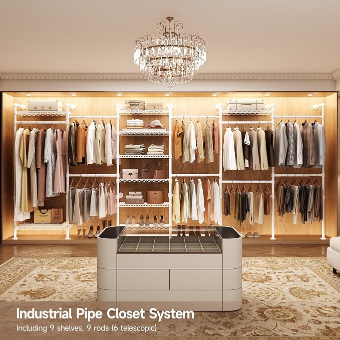 Wall Mounted Garment Rack, Industrial Pipe Clothing Rack, Closet System with 6 Expandable Rods, Walk in Closet Shelving, Clothes Organizers and Storage, Hanging Racks Wardrobe Renovation, White