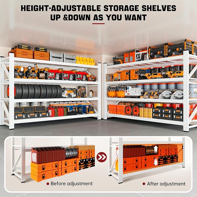 RAVIGIN 5000LBS Storage Shelves,71" W Garage Shelving Heavy Duty Metal Adjustable Garage Shelves, Shelving Units Industrial Shelving for Warehouse,71" W x 24" D x 69" H,White