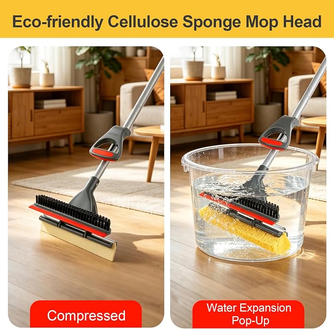 Pop-up Sponge Mop for Floor Cleaning, Home Commercial Cellulose Sponge Roller Mop with 2 Refill Heads, Includes Squeegee and Brush for Hardwood Tile Concrete Bathroom Kitchen Wall Ceiling
