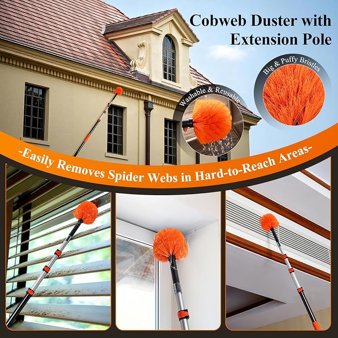 20ft High Ceiling Duster Kit with 4-12ft Heavy-Duty Extension Pole, Cobweb Duster, Ceiling Fan Duster, Window Squeegee & Cleaner, Microfiber Duster, Wall Mop for Home High Reach Cleaning