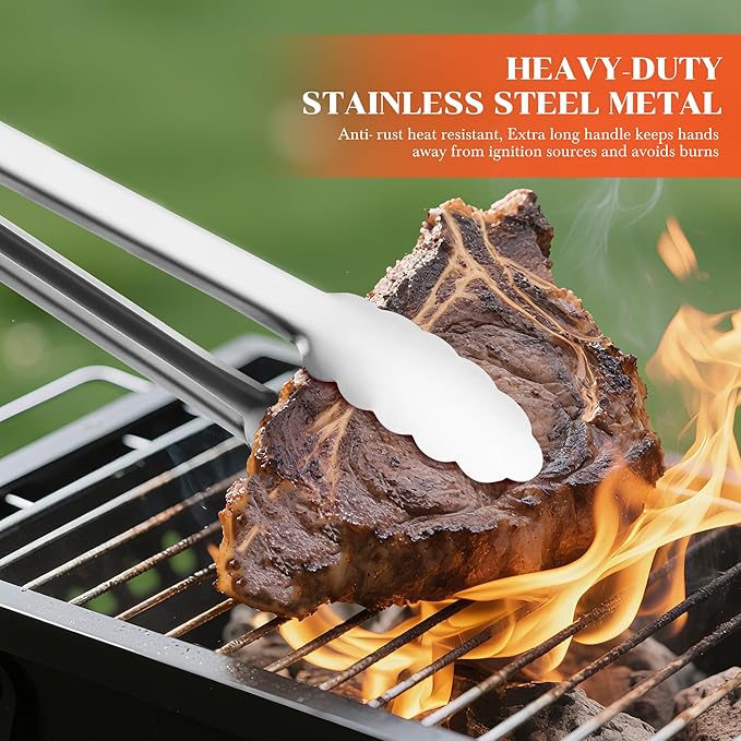 Grill Tongs - 12 Inch & 17 Inch Extra Long BBQ Tongs, Heat Resistant Stainless Steel Kitchen Tong, Heavy Duty Metal Locking Tong for Cooking, Grilling, BBQ/Barbecue, Food (All Metal - 12"+17")