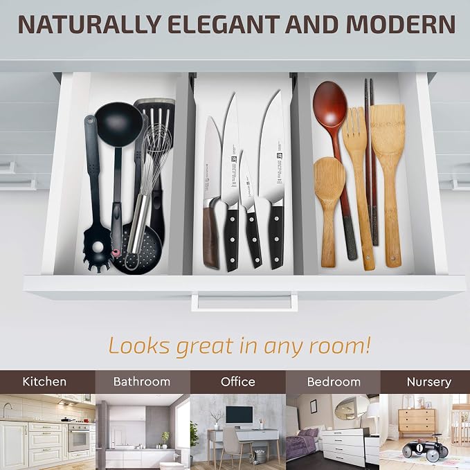 4-Pack Bamboo Drawer Dividers - 12.2 to 17.3 Inches Deep, 2.6 Inches High, Adjustable Expandable Drawer Organizer Dresser Separator for Clothes, Utensils, Kitchen, Bathroom, Office Storage, Gray