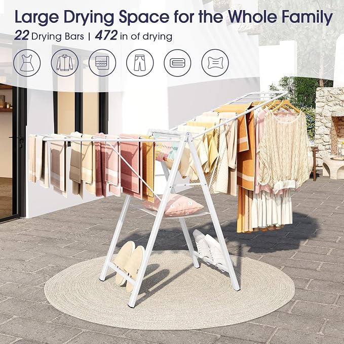 APEXCHASER Clothes Drying Rack, 67.7" L Height Adjustable, Foldable, White | 1.5"Folded, No Assembly, Space-Saving, Spacious Design, Adjustable Wings, Clips, Mesh Shelf, Shoe Rack, Indoor & Outdoor Use