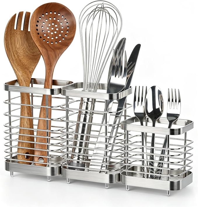 Utensil Holder, Stainless Steel Utensil Drying Rack for Kitchen Counter, Silverware Cutlery Flatware Holder Forks, Knives, Spoons, Chopsticks Organizer (2 Large and 1 Small)