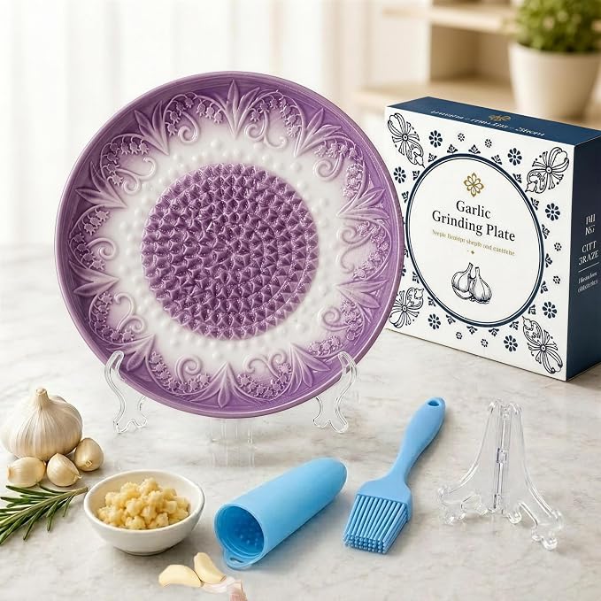 Ceramic Garlic Grater Plate Set with Rack & Cleaning Brush(Purple) | Textured ceramic surface grates garlic, ginger and tomatoes quickly; includes rack, brush and peeler for easy kitchen use