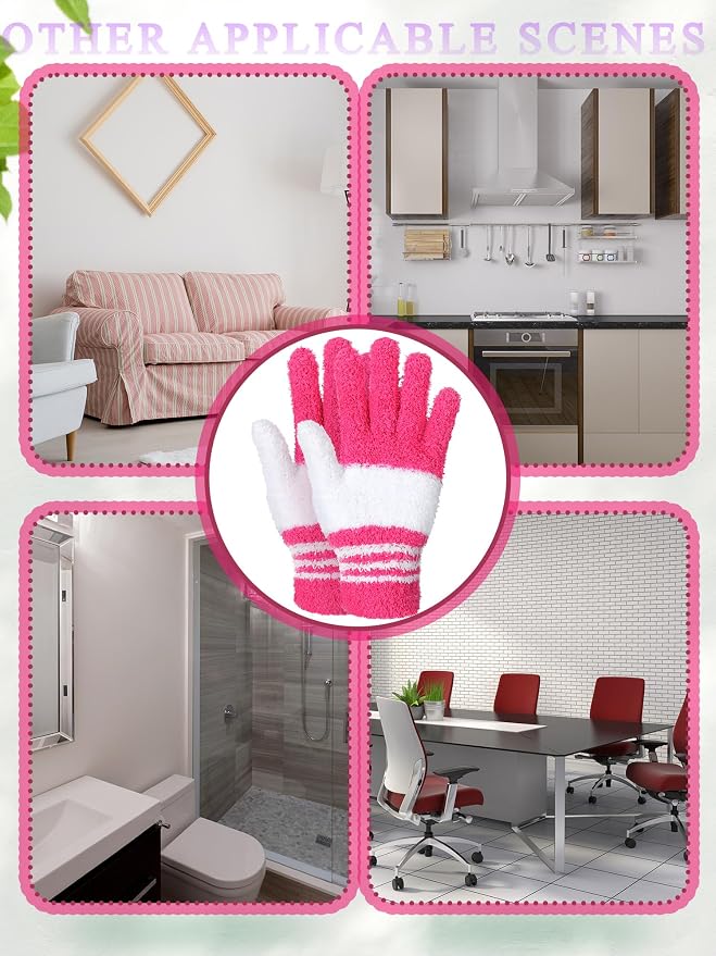 Patelai 3 Pairs Microfiber Plant Dusting Gloves Leaf Cleaning Gloves for Indoor Plants, Blinds, Furniture, House (White,Pink,Purple,Rose Red,Medium)