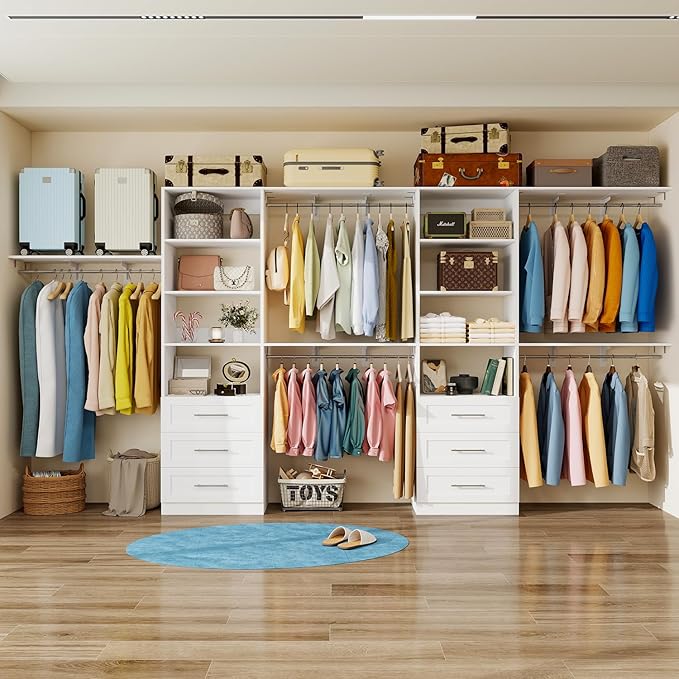 Closet System with 6 Wood Drawers, 5.3FT-8FT-12.3FT Closet Organizer System Storage Storage Adjustable with 6 Cuttable Shelves & 6 Expandable Hanging Rods, Walk in Closet, 2 Sets , White