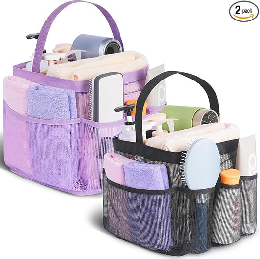 EUDELE 2 Pack Mesh Shower Caddy Portable for College Dorm Room Essentials, Shower Caddy Dorm with 8-Pocket Large Capacity,Shower Bag for Beach,Swimming,Gym All Black+All Pink
