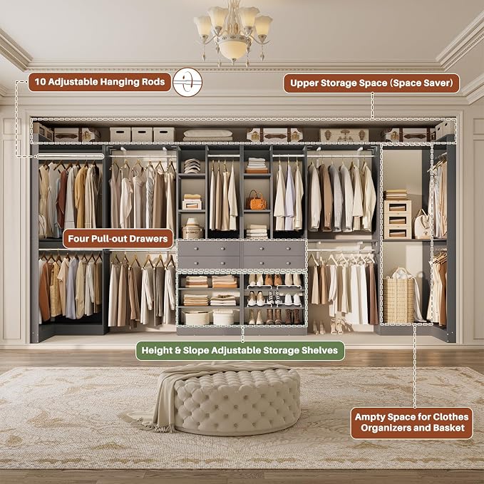Besiost Closet System with 4 Drawers & Corner Tower, Closet Organizer System with 10 Hanging Robs, Reversible U Shaped Walk-in Closet System, Load 3600+LBS Capacity, Set of 4, Morandi Grey