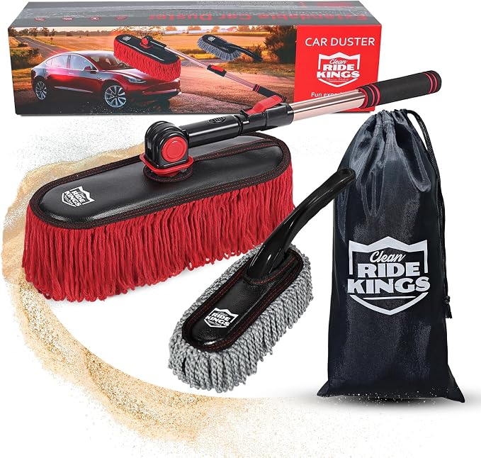 Car Duster Set, Loop End, 3 Pcs | Telescoping pole for truck exterior. Traps pollen without water; do not wash. Interior dash brush & storage bag included.