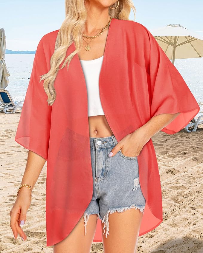 Women Kimono Cardigans Summer Cover Up Hawaiian Shirts Floral Print Tops | ROSEMIA chiffon kimono open front cardigans, beach cover ups, daily casual tops, cruise outfits, summer resort wear