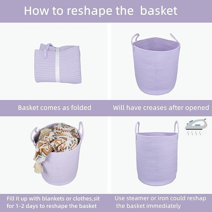 XUANGUO Rope Laundry Basket Hamper for Clothes Large Purple or Lavender | Baby Nursery Hamper Bin and Woven Storage Basket for Living Room Bedroom Boho Tall Rope Baskets Blankets Toys Pillows Towels