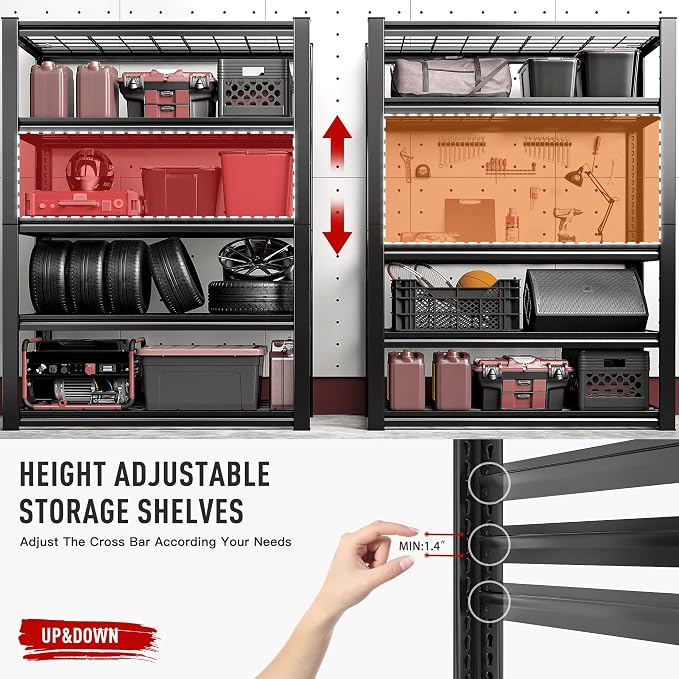 REIBII 37.9" W Storage Shelving with Tool Bag for Garage Workshop Basement | Wire Mesh Panel, Adjustable, Detachable, 5-Tier, Easy Assembly, for Homeowner and DIYer, 66.1" H x 37.9" W x 15.8" D, 2000Lbs
