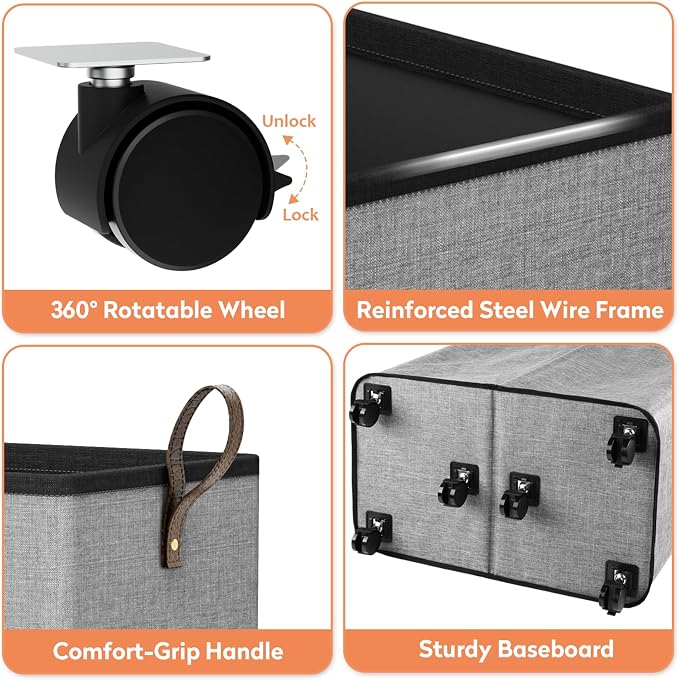 SpaceTrove Rolling Laundry Basket with Wheels, Laundry Hamper, 155L, Grey | Collapsible, 6 detachable wheels including 2 with brakes, sturdy handle, metal frame, for dorms, bathrooms and bedrooms