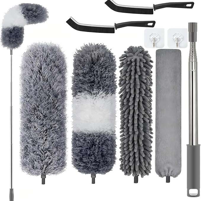Duster with Extension Pole, Washable Cleaning Duster Kit with DusterHeads, Cobweb Duster, Corner Brush, Telescoping Pole for Ceiling Fan (9)