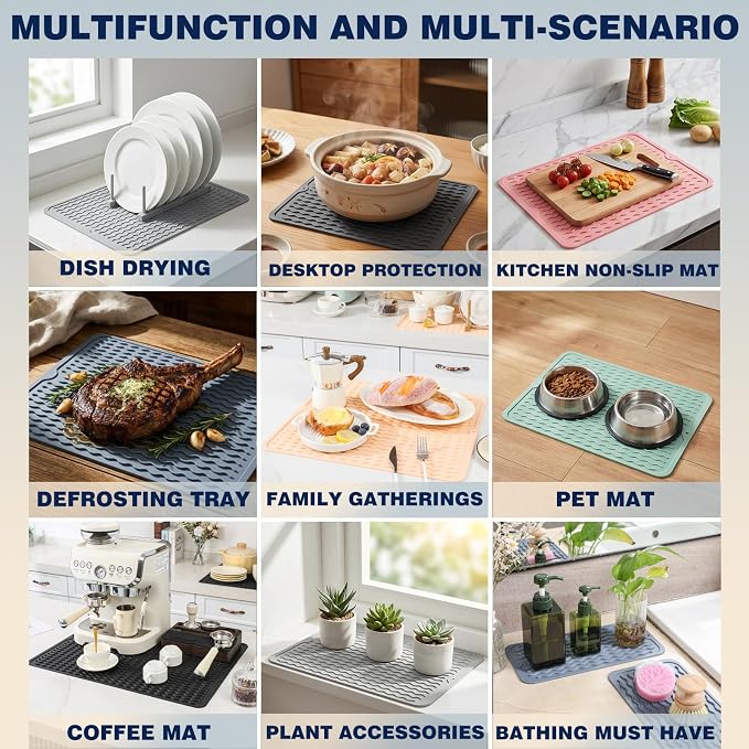 2 Pack Caketime Silicone Dish Drying Mat for Kitchen Counter Bathroom Under Sink Protector Faucet Drip Catcher Absorbent Liner Washer Dryer Countertop Organizer Drain Tray 12"x6" Light Gray
