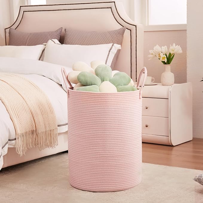 80L Large Pink Hamper Laundry Basket for Baby Girls Kids | Tall Hamper for Nursery Woven Rope Clothes Hamper for Little Girls Room Bedroom Light Pink 16"D x 22"H Extra Large