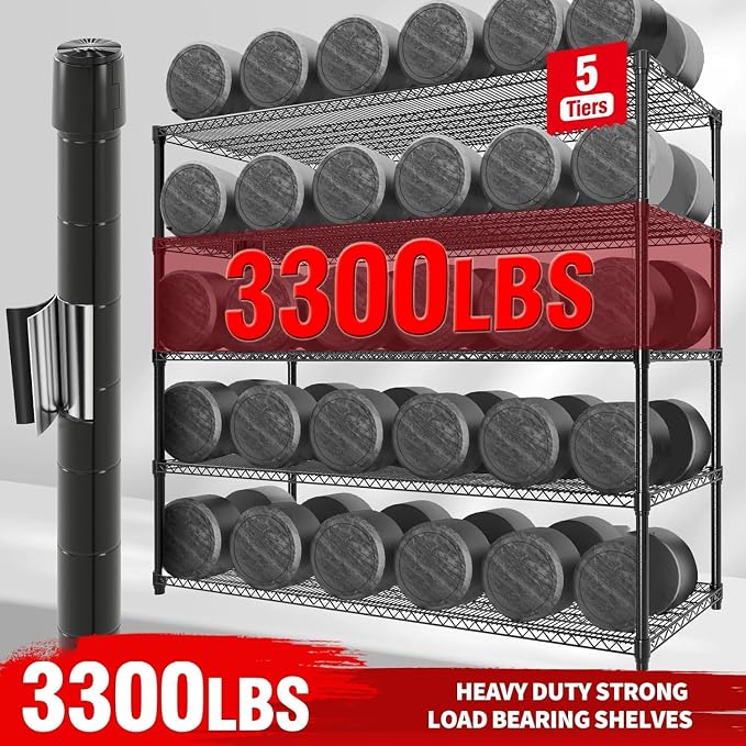 Garvee 3300LBS Storage Shelves 5 Tier Metal Shelving with Wheels, 82" H | 23.6"D,Heavy Duty, Wire Shelving Rack, Adjustable, Shelf Organizers for Garage Kitchen Pantry, Tool-Free Assembly, Black