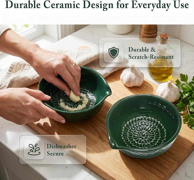 3-in-1 Ceramic Grater Bowl,Garlic Ginger Grinder with Herb Stripper | Cleaning brush included | Enhanced grinding texture | Multiple stripping holes | Dishwasher safe | Less mess food prep