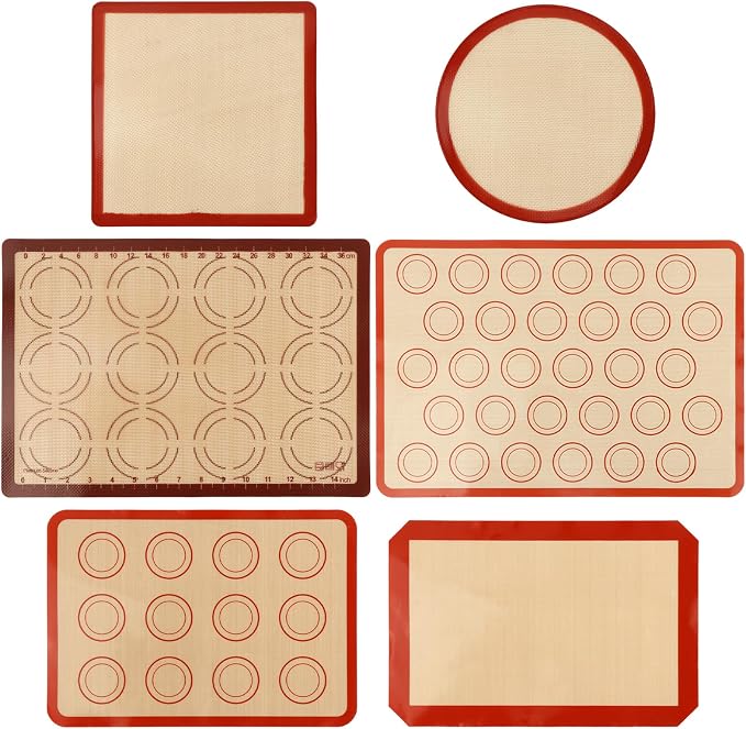 Silicone Baking Mat Set, Extra Thick Silicone Mats, 6-Pack Nonstick Baking Sheet Liners, Reusable Oven Mats, Heat Resistant -40°F to 446°F, Dishwasher Safe for Macarons, Cookies, Pizza, Bread