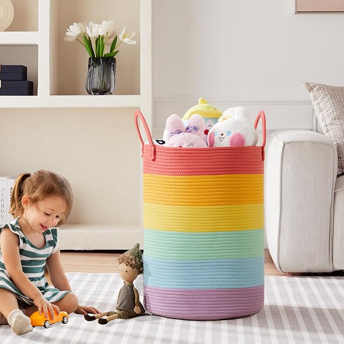80L Extra Large Rainbow Laundry Hamper Basket for Girls Kids Tall | Unicorn Nursery Toddler Hamper for Clothes Woven Rope Toy Storage Basket in Playroom Bedroom 16"D x 22"H