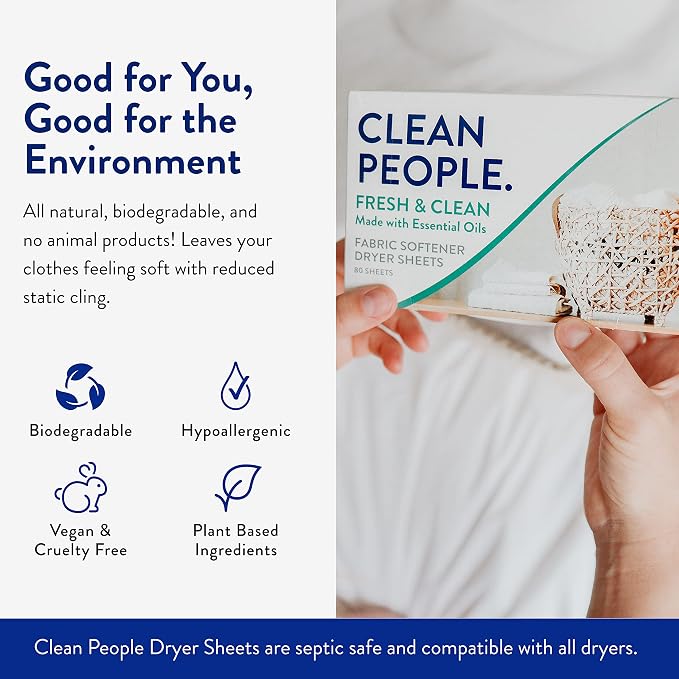 The Clean People Fabric Softener Sheets - Dryer Sheets - Softens & Removes Static Cling - Vegan Laundry Softener With Essential Oils - Fresh Scent, 120 Pack