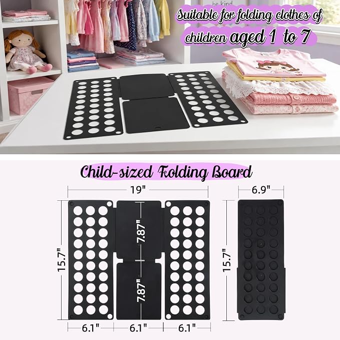Mini Toddler Shirt Folding Board - Ages 1-7 Black, Builds Independence | great for Montessori laundry, lightweight PP, smooth rounded edges, quick & simple, develops confidence & skills, stores flat