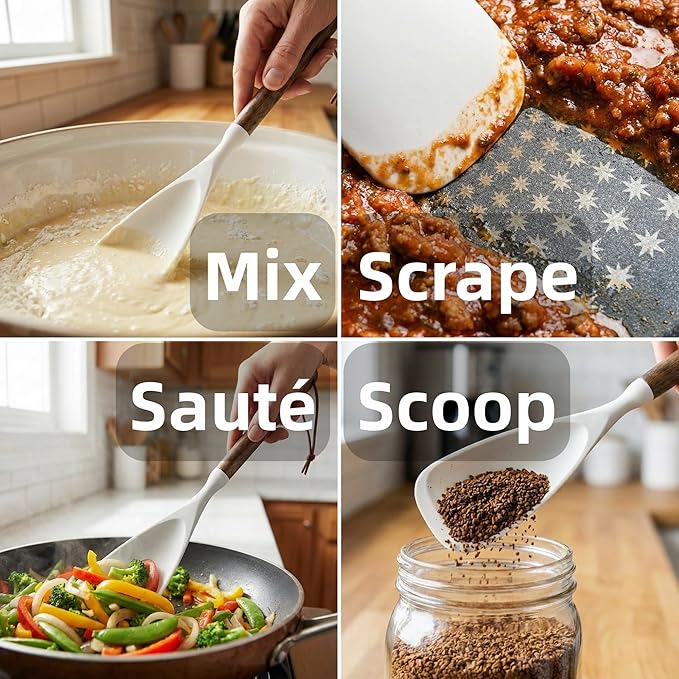 Silicone Spatula Cooking Spoon 2 Pcs with Wood Handle Great for Cooking and Serving Sturdy BPA-Free Matte Silicone Suitable for Mixing and Scrape (White)