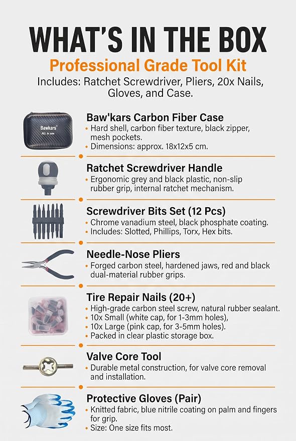 Tire Repair Rubber Nail Kit with Ratcheting Screwdriver, Needle-Nose Pliers & Organizer Case, Fast Self-Service Tool for Car, Truck, Motorcycle, Tractor Tire Puncture Repair