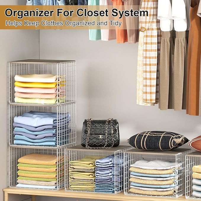 6 Pack Closet Organizers And Storage, Stackable Closet Shelf Organizer Storage Bin Basket For Clothes Sweaters With Top Board, Widened Opening, Heightened Height, Large Capacity, Sturdy, Space-saver