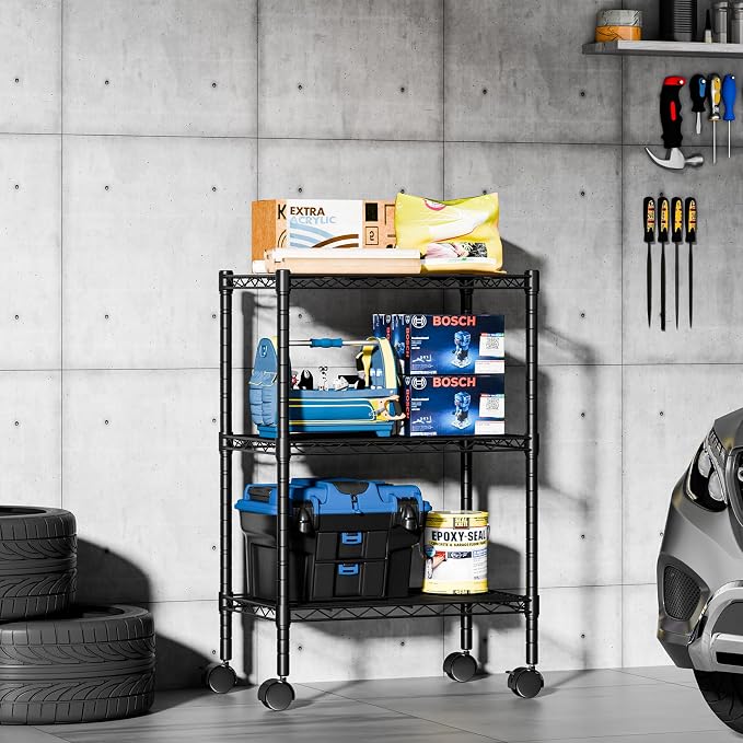 DUMOS 3-Tier Metal Storage Shelves, 23" W Wire Shelving Storage Rack with Lockable Wheels, Adjustable Shelving Unit, Standing Closet for Garage, Kitchen, Office, Living Room, 23" Wx13 Dx30 H