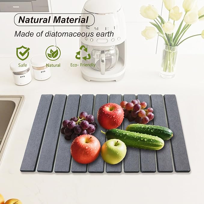 Large Stone Drying Mat for Kitchen Counter Diatomaceous Earth Collapsible 24”（L）*16”（W）Super Heat Resistant Mats, Quick Absorbent Dish Drying Rack（Gray marble）