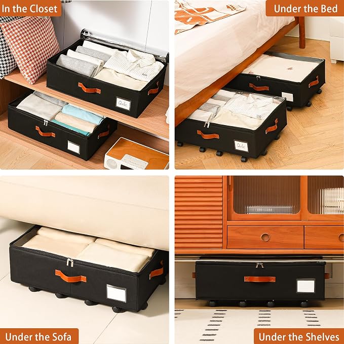 Freebat Under Bed Storage with Wheels 2 Pack, Underbed Container | 7.5 inch Height Under Bed Drawers with Clear Lid Cover, Storage Bag Box with Visiable Window for Clothes, Bedsheet, Pillow