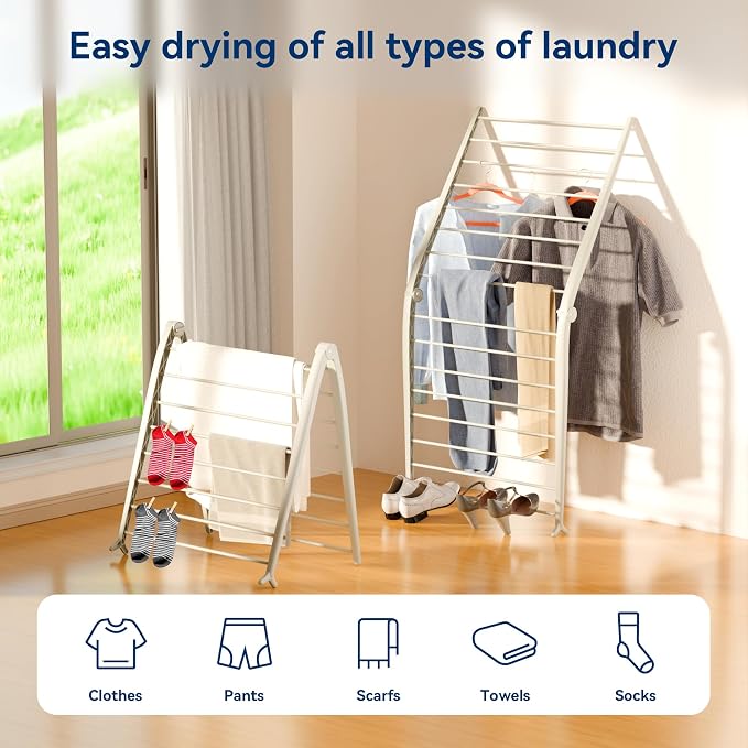 Whitmor Spacemaker Folding Drying Rack, Indoor Clothes Organizer with Patent-Pending Design, Space Saving, 6" L x 26" W x 51.5" H, Beige