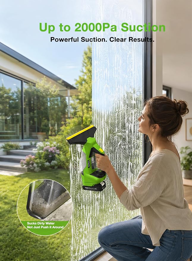 TaskStar Window Vacuum Squeegee Cordless: Electric Window Cleaner Tool with 2000Pa Suction, 2000mAh Detachable Battery, 150ml Water Tank, 11in & 6.7in Blades for Glass, Shower Doors, Mirrors, Tiles