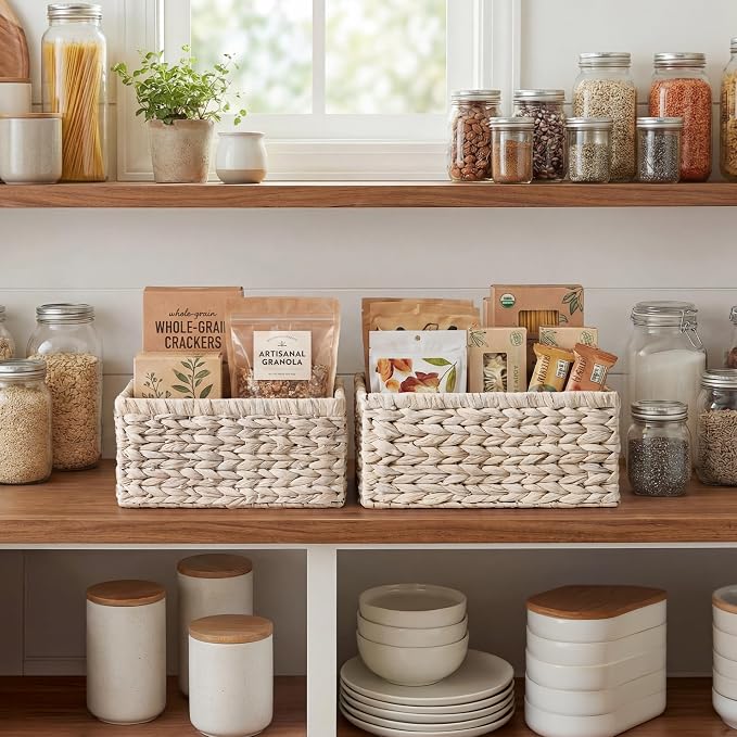 StorageWorks Large Wicker Baskets for Storage, Water Hyacinth Storage Baskets for Organizing, Wicker Storage Baskets for Shelves, White, 2-Pack, Large & Medium