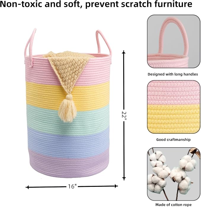 XUANGUO Rope Laundry Basket Hamper for Kids Girl Large, rainbow | Woven Storage Basket for Living Room Bedroom Boho Tall Baskets for Blanket Toys Pillow Towels Baby Nursery Hamper Bin