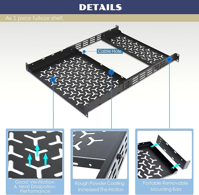 1U Rack Shelves (2-Pack), 1 PCS 6" Deep Cantilever & 1 PCS 12" Deep Cantilever, with Optional Joints to Combine as One Full Size Server Rack Shelf