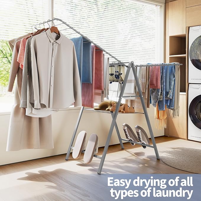 APEXCHASER 6 Height Adjustable Clothes Drying Rack with Shoe Slots, Grey | Pre-Assembled, Stable Load Structure, 22 Drying Rails, Foldable Space-Saving For Efficient Indoor & Outdoor Airflow Drying