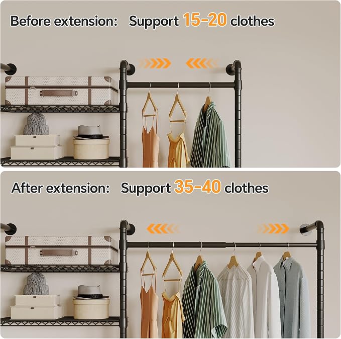 Higeego W4 Industrial Pipe Clothing Rack Wall Mounted Closet System Expandable Clothes Rack for Hanging Clothes, Heavy Duty Garment Rack Adjustable for Walk in Closet, Black