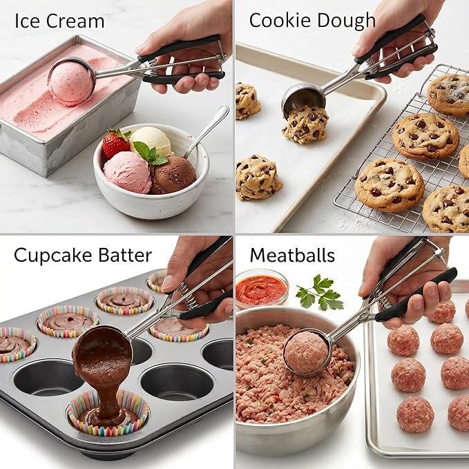 Ice Cream Scoop, 18/8 Stainless Steel Cookie Scoop, Cookie Scoops for Baking, 4Tbsp/ 60ml/ 2oz Cookie Dough Scoop, Ice Cream Scooper with Trigger Release, Cupcake Scoop (Black)