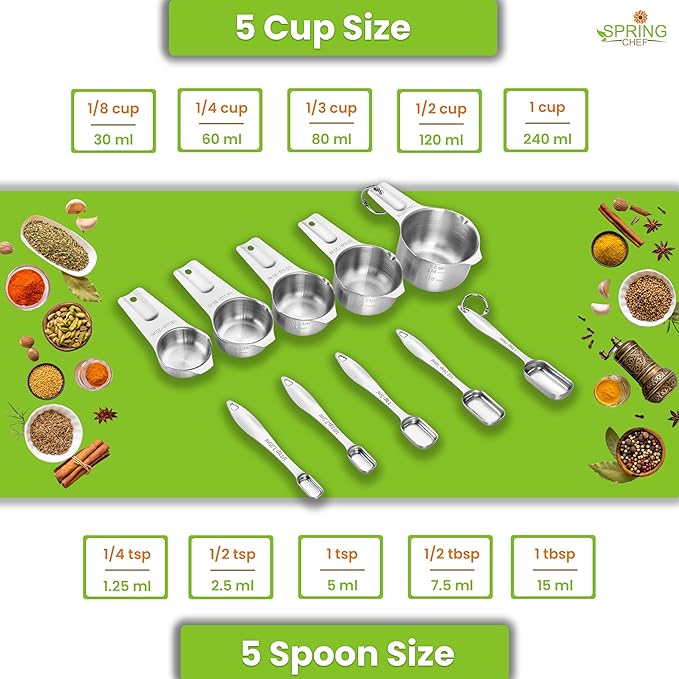 Spring Chef Stainless Steel Measuring Cups and Spoons Set of 10, Nesting Kitchen Metal Measuring Cups and Spoons Set for Dry and Liquid Ingredients, Perfect for Cooking & Baking