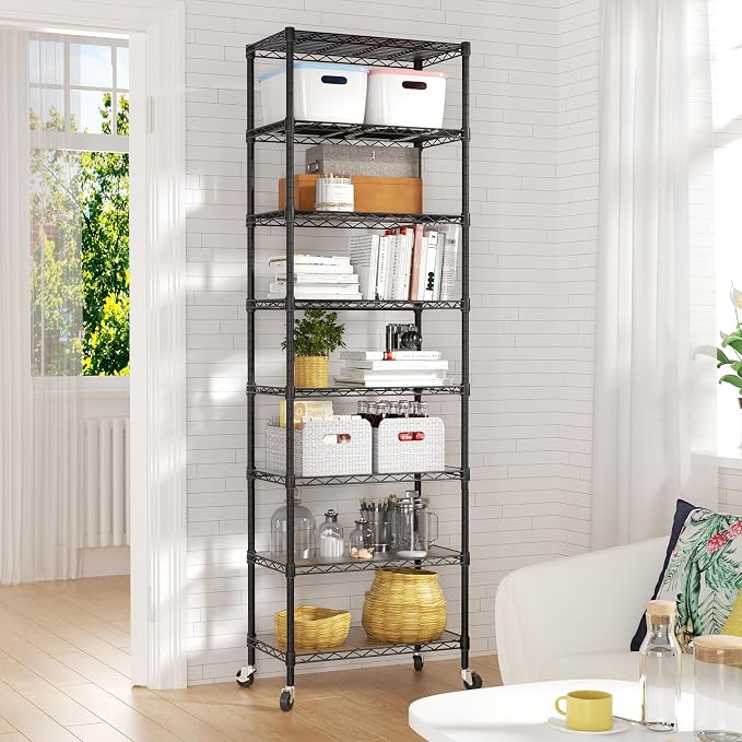 SINGAYE 8 Shelves Storage Wire Shelf Closet Metal Shelving Pantry Wheels | Shelf Bathroom Organizers Metal Kitchen Garage Shelving Unit Laundry Room Organization Home Rack Net Basket with Wheels