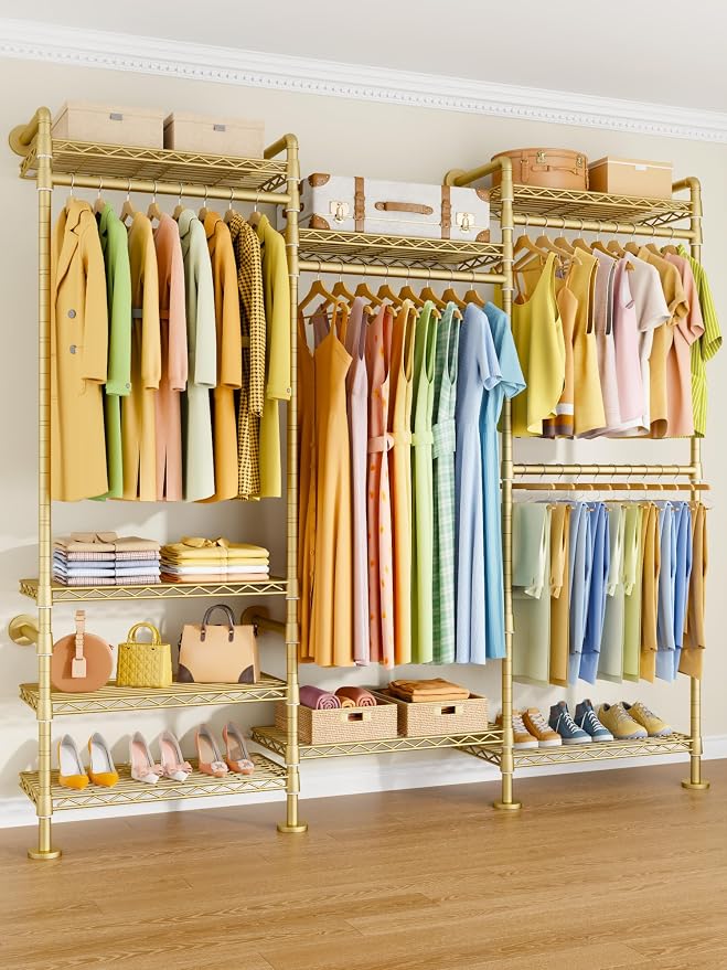 ULIFHOME M6 Clothes Rack for Wall Mounted, Heavy Duty Closet Wardrobe System with 8 Shelves and 4 Hanger Rods, 68.5" W x 11.8" D x 86.6" H Clothing Storage Organizer for Holding 1064lbs, Gold