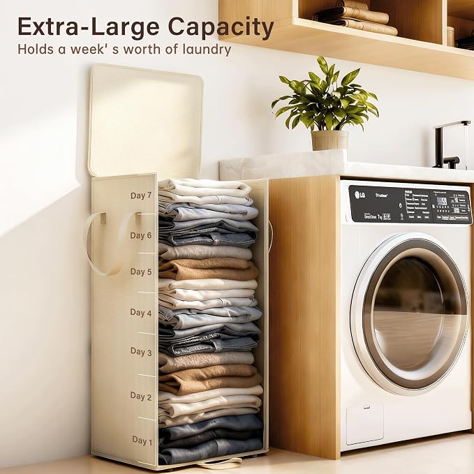 Criusia Laundry Hamper with Lid and Foot Pedal, 100L Fabric Laundry Basket with Removable Mesh Bag, Slim Foldable Design for Bathroom and Laundry Room (Beige)
